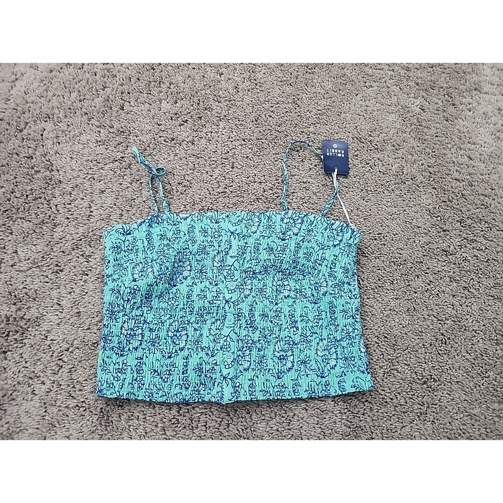 Roller Rabbit Crop Top Womens M Blue Green NWT Smocked Floral Spaghetti Strap